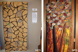 Pictures of two art quilts: Mindy Marik's "We Left More than Footprints" (left) and Melani Brewer's "Wings of Fire" (right).
