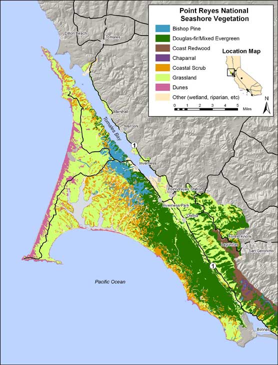 Map showing distribution of vegetation types in Point Reyes