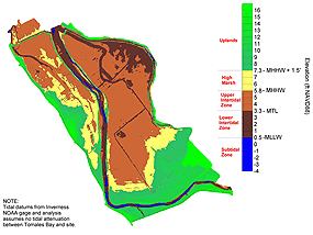 This map shows the expected extent and duration of tidal inundation under current sea level conditions should the levees and tidegates simply have been removed with no additional earthmoving (i.e., tidal channel creation, ditch filling).  (Click on this image to download a higher-resolution map (93 KB PDF).)