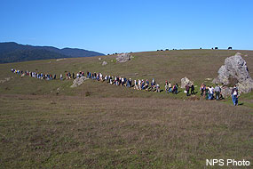 Hikers head out the Tomales Bay Trail to see a panoramic view of the Giacomini Wetlands during the Giacomini Wetlands Restoration Project 1-year celebration.
