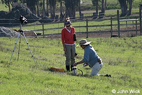 UC Berkeley scientist and volunteer measuring soil carbon dioxide flux with an infrared gas analyzer to determine the background greenhouse gas emissions as part of the successful Marin Carbon Project research on soil carbon biosequestration.