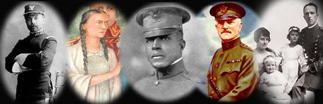Composite image of historic people from the Presidio - from left to right are Frederick Funston, Concepcion Arguello, Charles Young, John J. Pershing and Dana Crissy with family.