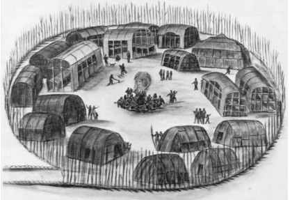 Black and white image of a recreation of an Algonquian village