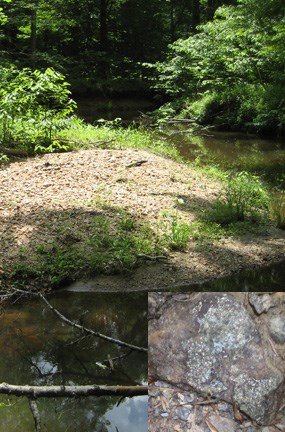 Stop 5 on the geology e-walk, a collage of 3 pictures showing a gravel bar on Quantico Creek and mica specks in the rock and sand