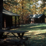 Cabins and picnic tables