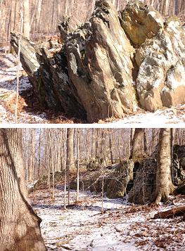 Two images of  rock outcroppings that line a small section of Laurel Loop Trail.