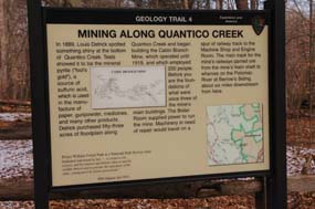 Geology trail, site four. A short description of Cabin Branch Pyrite Mine history.