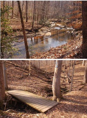 (Above) Quantico Creek, (Below) Footbridge leading onto North Valley Trail