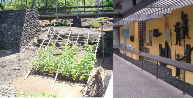 Two images: 1) garden with ipu trellis 2) Interpretive wall that depicts Hawaiian history