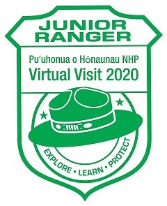 Green arrowhead-shaped stamp with ranger hat and the text: "JUNIOR RANGER, Puʻuhonua o Hōnaunau NHP, Virtual Visit 2020, EXPLORE. LEARN. PROTECT."