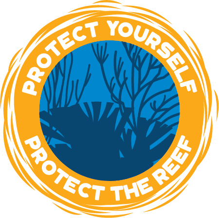 Circular logo with blue corals in the center and a yellow-orange border that has the text: Protect Yourself, Protect the Reef