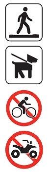 Symbols for: Stay on trail, Pets on leash, No bicycles, and No motorized Vehicles
