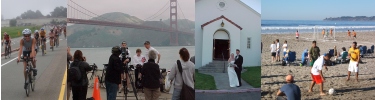 Composite photo showing permitted activities in the GGNRA: triathlons, commercial filming, weddings, and sand soccer.