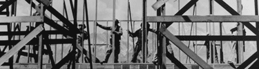 Internees work on auditorium construction. Photo courtesy of The Bancroft Library. University of California, Berkeley.