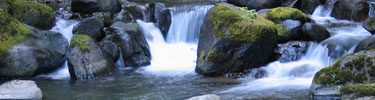 Water cascading over rocks into a small pool.
