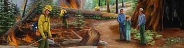 Artist's mural of firefighters igniting a prescribed burn.