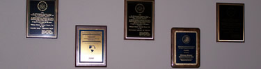 Line of award plaques hanging on wall.