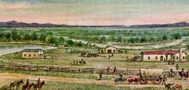 Painting depicting the mission bustling with activity, including emigrants arriving with their wagon.