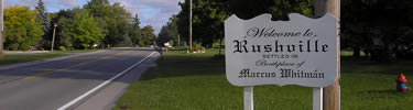 Welcome sign for the town of Rushville New York: settled 1791, Birthplace of Marcus Whitman