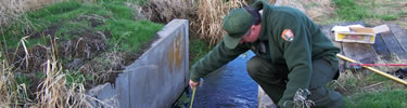 Park ranger sampling water