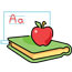 Drawing of apple, books, chalkboard with letters written on it.