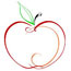 Drawing of a red apple with a green leaf at the top Drawing of a red apple with a green leaf at the top