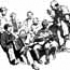 Black and white line drawing of sailor's singing and playing instruments.