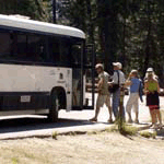 Visitors board the Reds Meadow Shuttle Bus