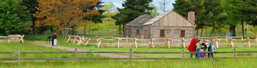 view of the Village replica buildings from the East