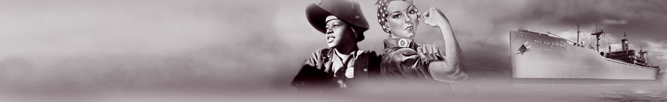 Two women defense workers, and the Red Oak Victory Ship in Richmond, California. Design: Luther Bailey