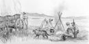 Sketch of immigrants camped by their wagon on the prairie. Sketch of immigrants camped by their wagon on the prairie.