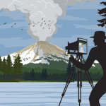 Drawing of man taking photo of Lassen Peak eruption