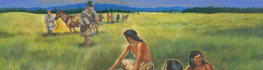 A painting of Lewis and Clark meeting three Nez Perce children on the Weippe Prairie