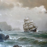 A painting of a full-rigged ship in stormy seas called LEE SHORE by W. A. Coulter. SAFR5332