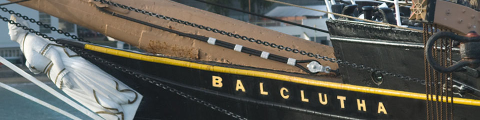 A section of the bowsprint and figurehead on the bow of BALCLUTHA.