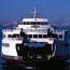 A head-on view of a ferry boat.