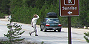 Visitor crossing Tioga Road near trailhead Visitor crossing Tioga Road near trailhead