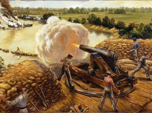Painting of Confederate troops at Drewry's Bluff firing on Union fleet