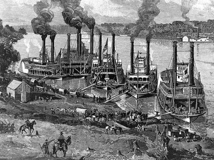 Engraving of Union steamboats at Pittsburg Landing, shortly after the Battle of Shiloh