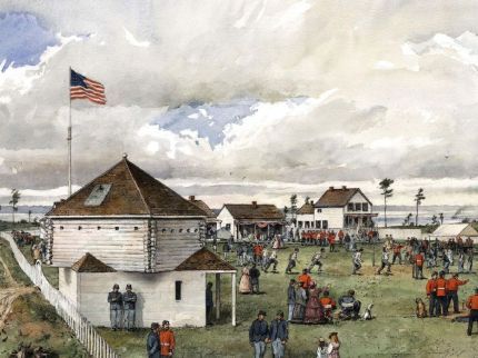 Painting of Fourth of July celebration at American Camp on San Juan Island c. 1868