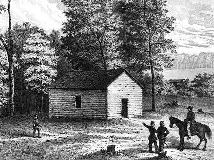 Engraving of Shiloh Church with soldiers in foreground