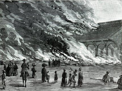 Woodcut of spectators watching a train station set fire by Sherman's troops