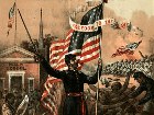 A recruiting poster showing a Union soldier and a banner 