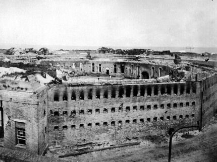 Photo of Fort Morgan in 1864, showing damage to the south side of the fort