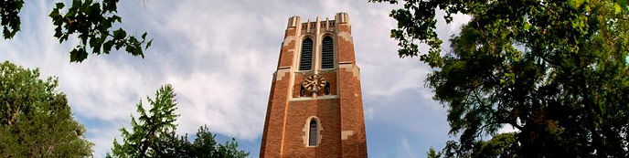 Photo of the clock tower at Michigan State University, the nation's first land grant college.