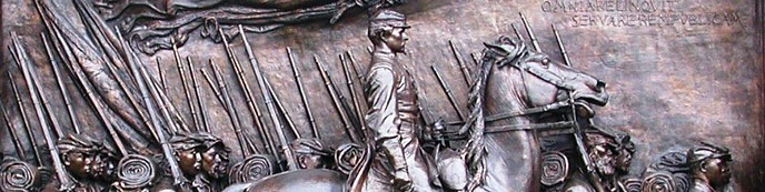 A close-up photo of the Robert Gould Shaw Memorial, with Shaw on horseback accomapnying his 54th Massachusetts Infantry.
