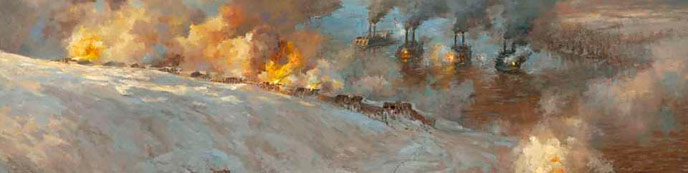 Painting of Union gunboats shelling Fort Donelson on February 14, 1862