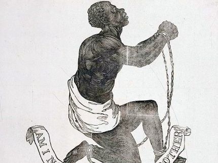 Woodcut image of an African American male slave in chains