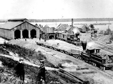 Depot at the U.S. Military Railroads, City Point, Va., showing the engine 