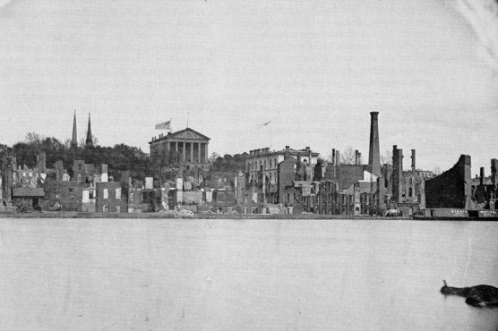 Richmond's capitol building from waterfront after the evacuation fire 1865.